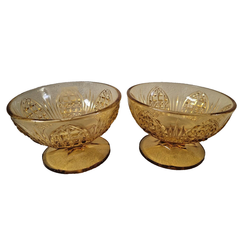 Lot 2 Vintage Amber Depression Glass Footed Custard Desert Bowls Cups Brown